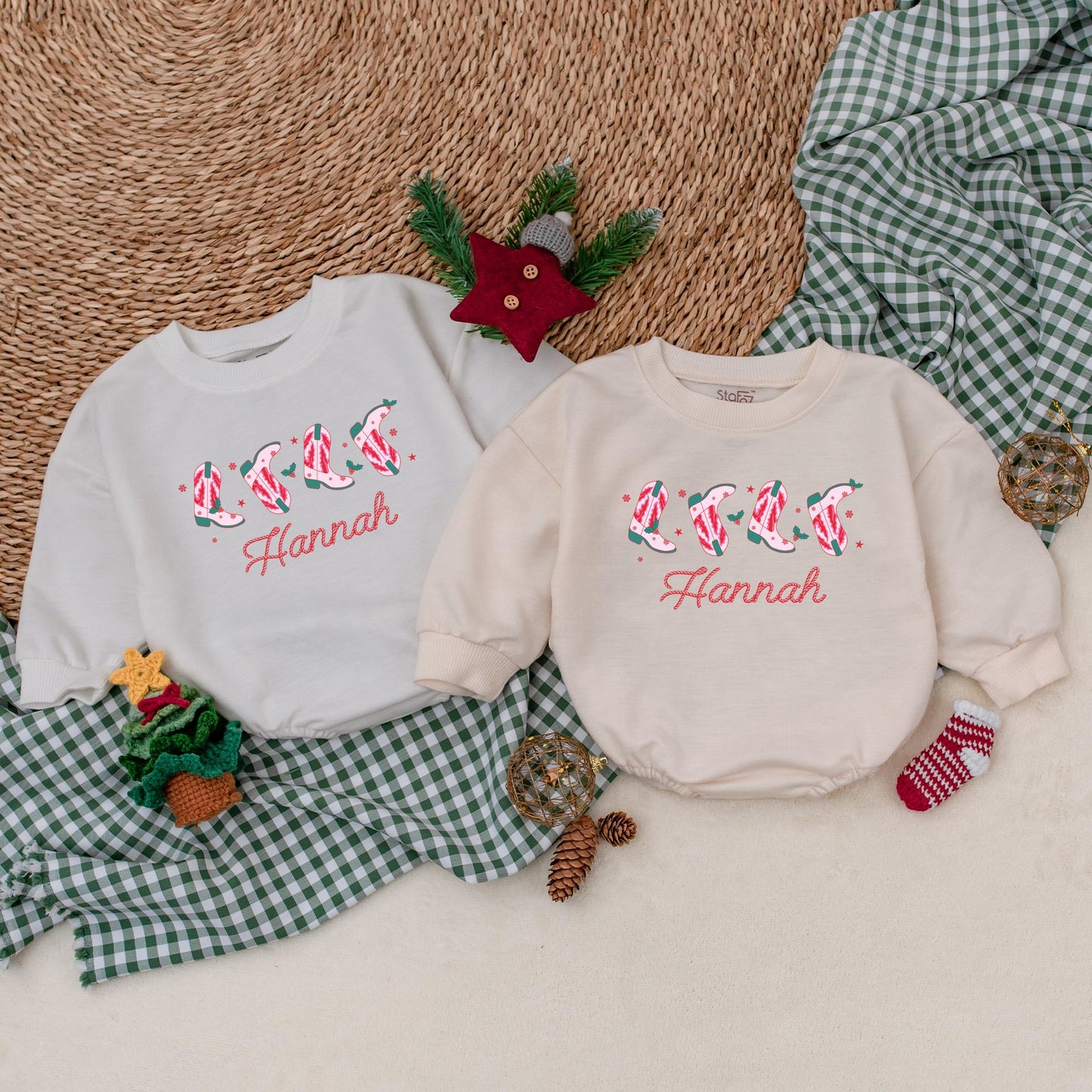 Hannah's Personalized Christmas Cowgirl Boots Romper, Festive Western Baby Bodysuit, Candy Cane Booties, Winter Clothes, Christmas Gift, Girl Outfit 139