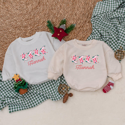 Hannah's Personalized Christmas Cowgirl Boots Romper, Festive Western Baby Bodysuit, Candy Cane Booties, Winter Clothes, Christmas Gift, Girl Outfit 139