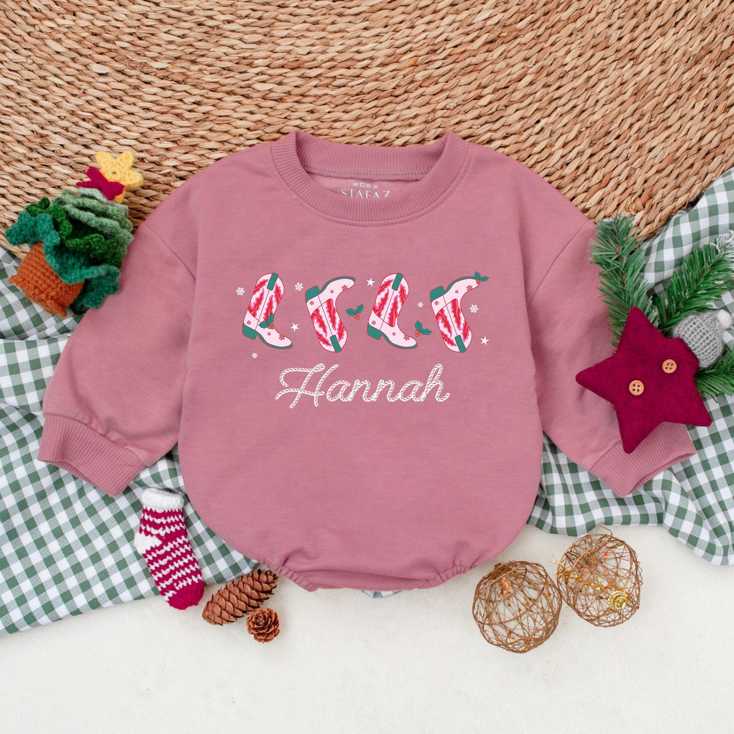 Hannah's Personalized Christmas Cowgirl Boots Romper, Festive Western Baby Bodysuit, Candy Cane Booties, Winter Clothes, Christmas Gift, Girl Outfit 139
