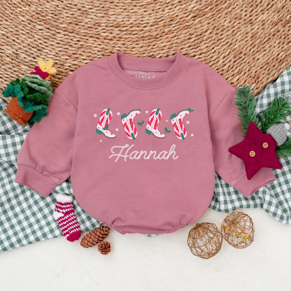 Hannah's Personalized Christmas Cowgirl Boots Romper, Festive Western Baby Bodysuit, Candy Cane Booties, Winter Clothes, Christmas Gift, Girl Outfit 139