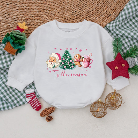 Tis the Season Christmas Romper Outfit Vintage Santa, Tree, & Cocoa Baby Girl Bodysuit Festive Holiday Infant Clothes Comfortable Christmas Gifts 138