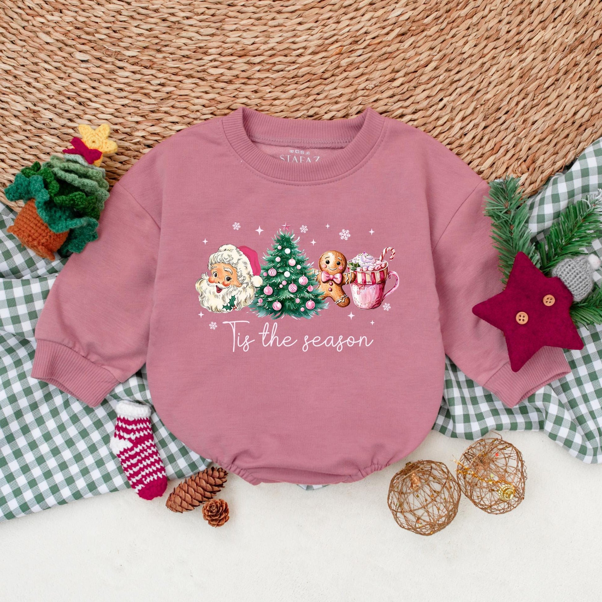 Tis the Season Christmas Romper Outfit Vintage Santa, Tree, & Cocoa Baby Girl Bodysuit Festive Holiday Infant Clothes Comfortable Christmas Gifts 138