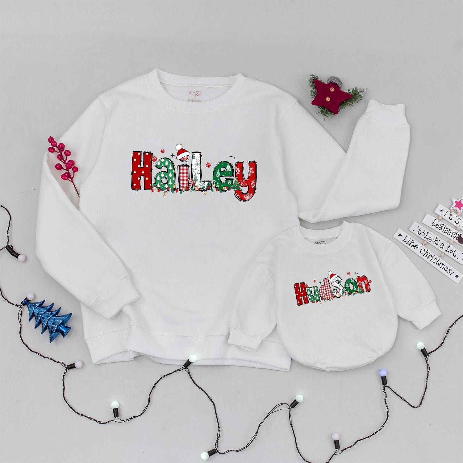 Matching Family Christmas Sweatshirts: Personalized Hudson and Hailey Holiday Sweaters, Cute Festive Names, Toddler Baby Custom Christmas Gift for Crew