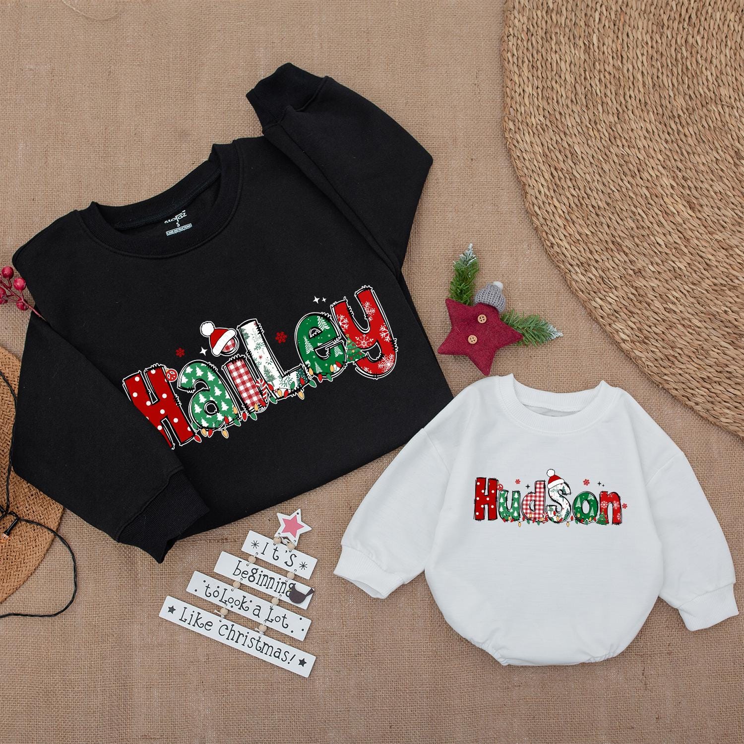 Matching Family Christmas Sweatshirts: Personalized Hudson and Hailey Holiday Sweaters, Cute Festive Names, Toddler Baby Custom Christmas Gift for Crew