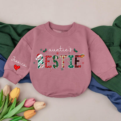 Personalized Auntie's Bestie 1st Christmas Romper, Jessica's Sleeve, Retro Holiday Outfit, Newborn Bubble Romper, Unique Aunt Gift, Baby Girl Boy 139