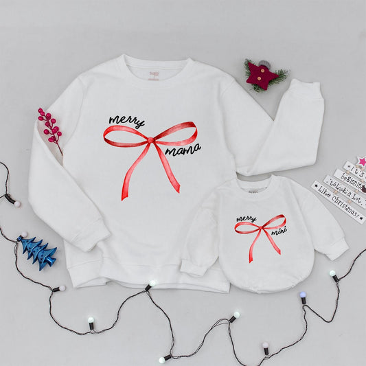 Merry Mama & Mini Sweatshirts: Coquette Christmas Matching Family Shirts with Red Bow Detail, Trendy Holiday Outfit, Xmas Crew, Mommy & Me, Cute Festive Style