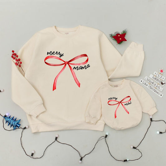 Merry Mama & Mini Sweatshirts: Coquette Christmas Matching Family Shirts with Red Bow Detail, Trendy Holiday Outfit, Xmas Crew, Mommy & Me, Cute Festive Style
