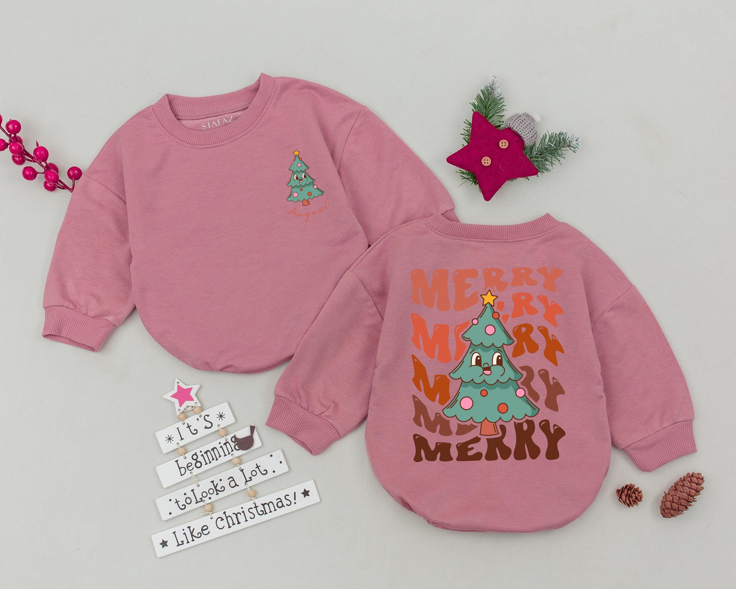 Personalized Retro Christmas Romper: My 1st Christmas Tree Outfit, Custom Name Toddler Sweatshirt, Playful Holiday Bodysuit, Infant Clothes, Baby Gift (138 chars)