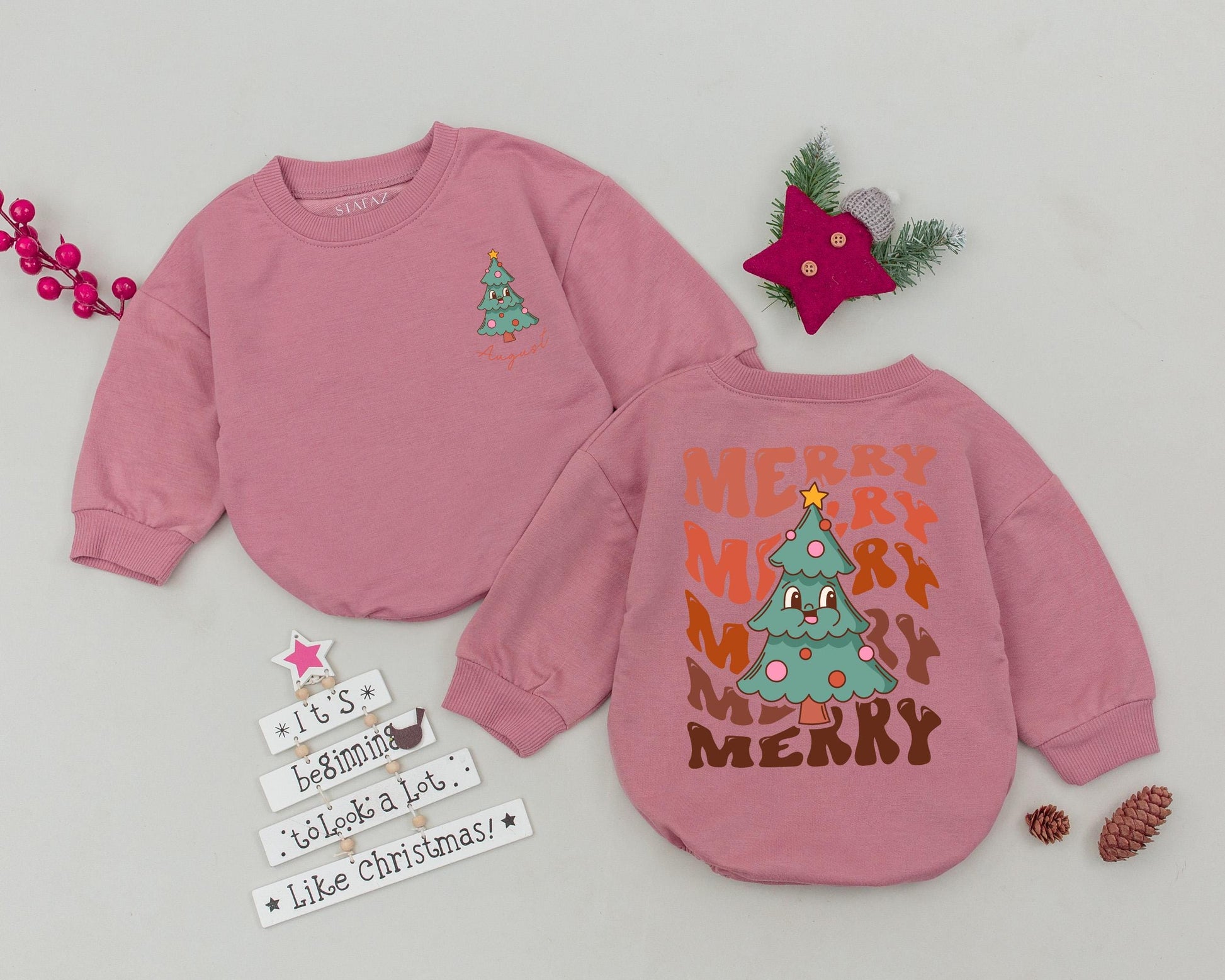 Personalized Retro Christmas Romper: My 1st Christmas Tree Outfit, Custom Name Toddler Sweatshirt, Playful Holiday Bodysuit, Infant Clothes, Baby Gift (138 chars)