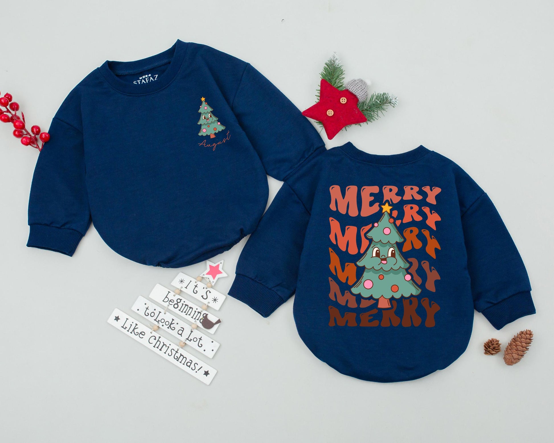 Personalized Retro Christmas Romper: My 1st Christmas Tree Outfit, Custom Name Toddler Sweatshirt, Playful Holiday Bodysuit, Infant Clothes, Baby Gift (138 chars)