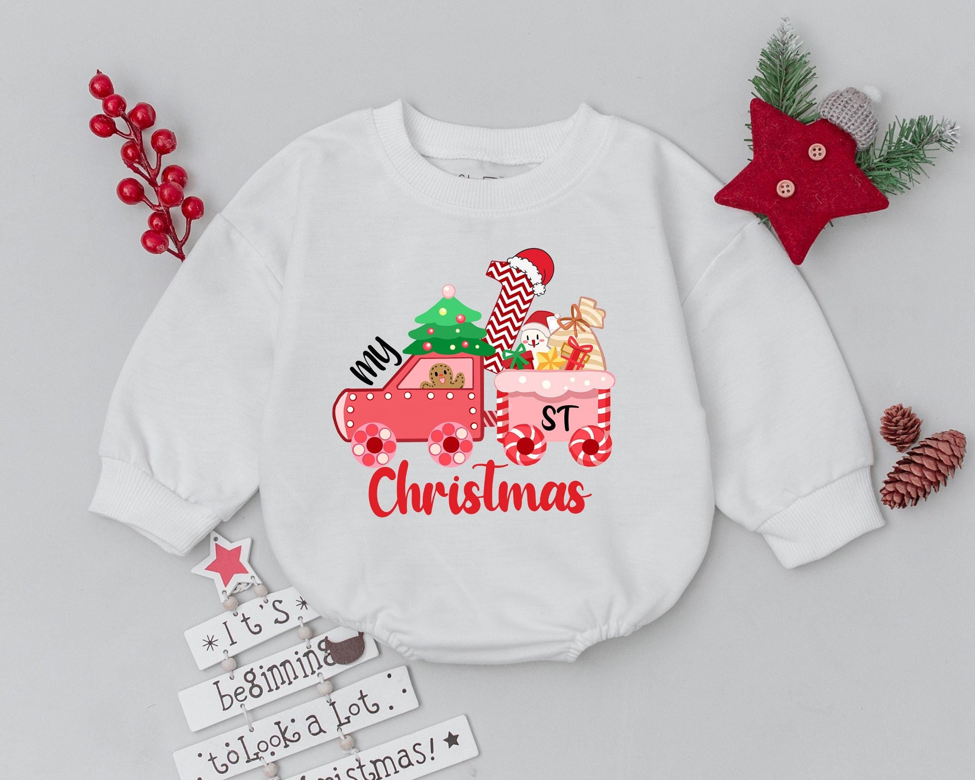 My First Christmas Baby Romper Pink Train Design Cute Holiday Outfit Gingerbread Man Santa Hat Christmas Tree Toddler Boy Girl Gift