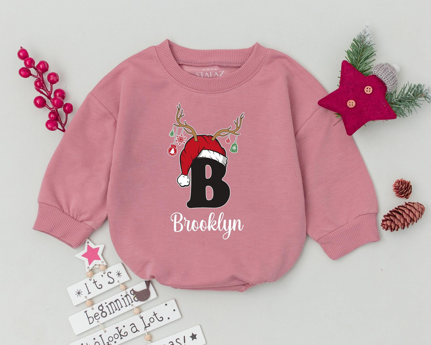 Personalized Brooklyn Baby's First Christmas Romper Santa Hat Antlers Outfit, Holiday Bodysuit for Infant, Custom Name Xmas Gift, Toddler Sweatshirt 139