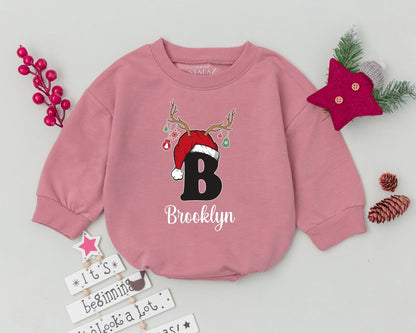 Personalized Brooklyn Baby's First Christmas Romper Santa Hat Antlers Outfit, Holiday Bodysuit for Infant, Custom Name Xmas Gift, Toddler Sweatshirt 139