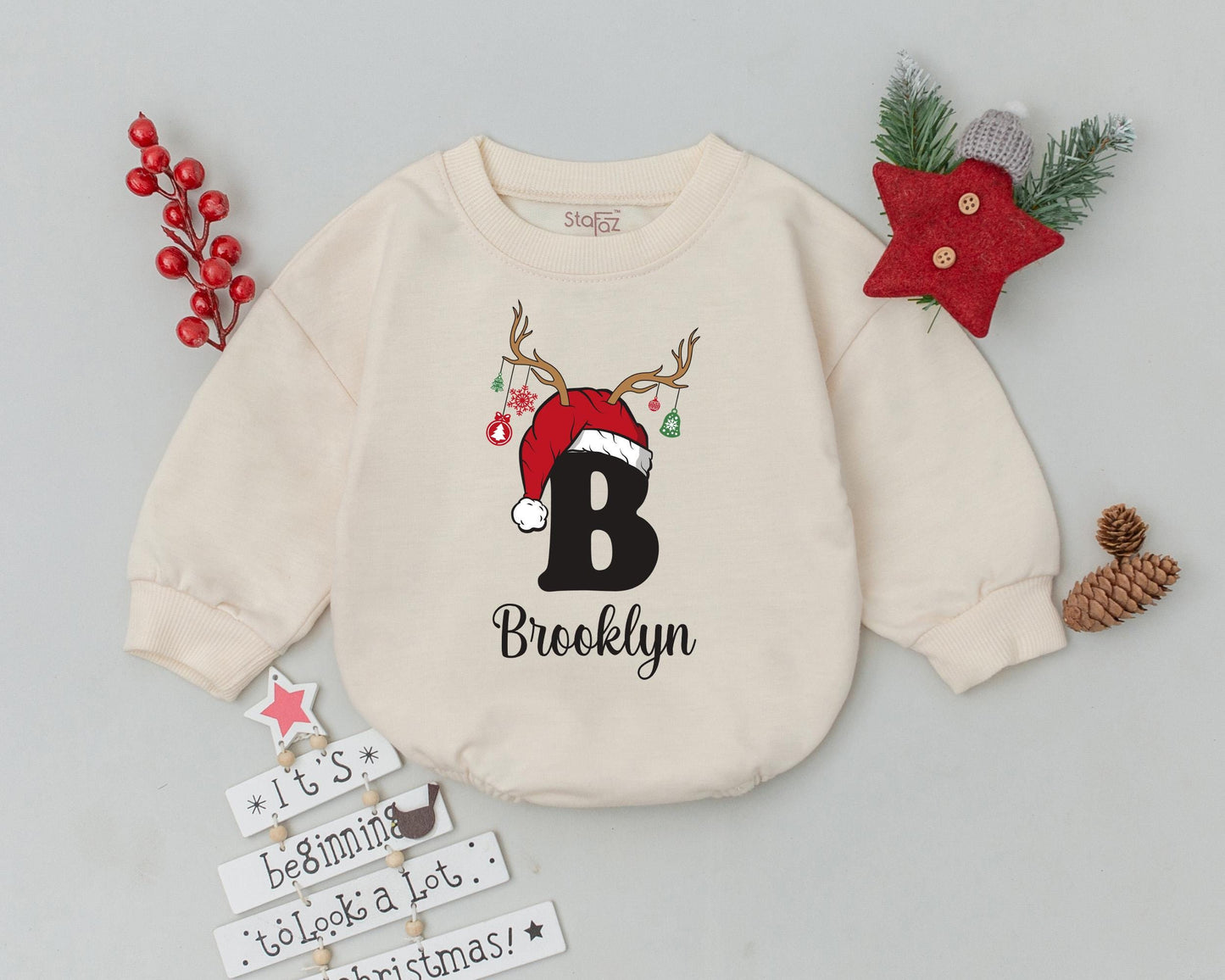 Personalized Brooklyn Baby's First Christmas Romper Santa Hat Antlers Outfit, Holiday Bodysuit for Infant, Custom Name Xmas Gift, Toddler Sweatshirt 139