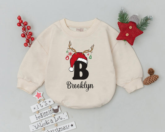 Personalized Brooklyn Baby's First Christmas Romper Santa Hat Antlers Outfit, Holiday Bodysuit for Infant, Custom Name Xmas Gift, Toddler Sweatshirt 139