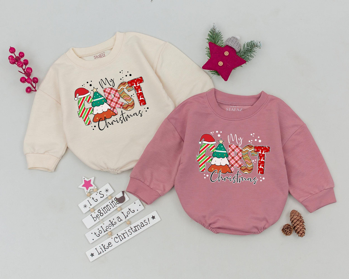 My First Christmas Romper Retro Baby Outfit Cute Toddler Sweatshirt Baby Shower Gift Vintage Holiday Bodysuit Festive Reindeer Trees