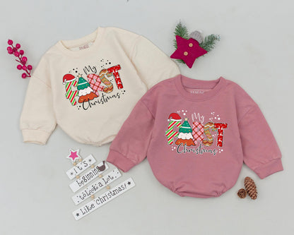 My First Christmas Romper Retro Baby Outfit Cute Toddler Sweatshirt Baby Shower Gift Vintage Holiday Bodysuit Festive Reindeer Trees