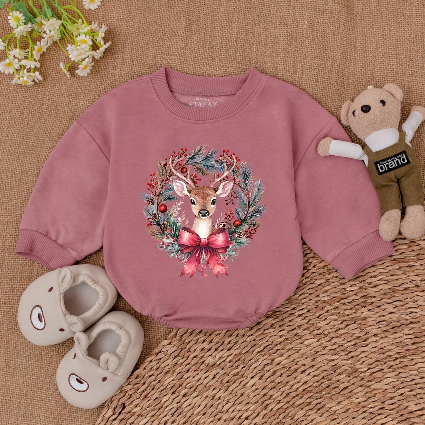 Whimsical Fawn Wreath Christmas Romper Baby Girl Outfit with Pink Coquette Bow for 1st Christmas Adorable Newborn Gift
