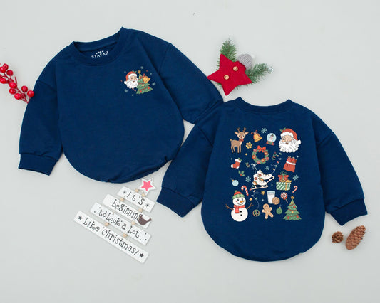 Retro Christmas Romper Groovy Santa First Christmas Outfit Vintage Newborn Bodysuit Muted Holiday Colors Baby Shower Gift Cute Reindeer Snowman Design (139 chars)