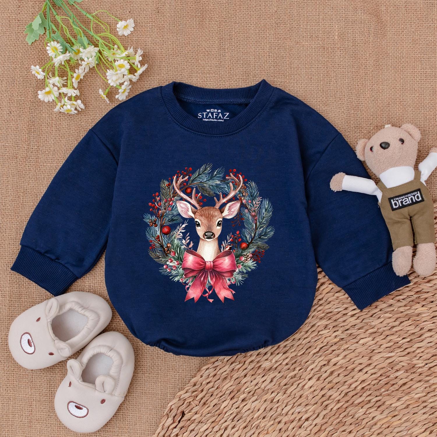 Whimsical Fawn Wreath Christmas Romper Baby Girl Outfit with Pink Coquette Bow for 1st Christmas Adorable Newborn Gift
