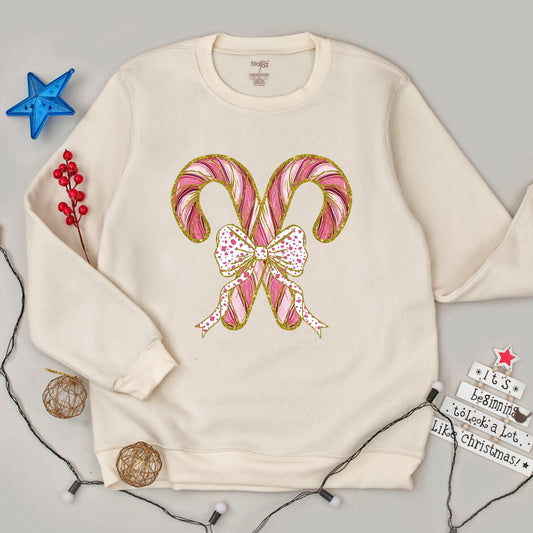 Festive Candy Cane Christmas Sweatshirt with Pink Bow Design, Holiday Party Crewneck Sweater, Cute Winter Gift
