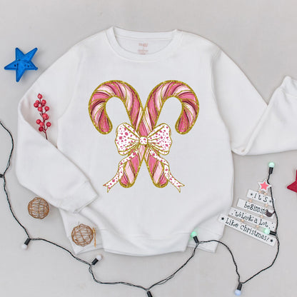 Festive Candy Cane Christmas Sweatshirt with Pink Bow Design, Holiday Party Crewneck Sweater, Cute Winter Gift