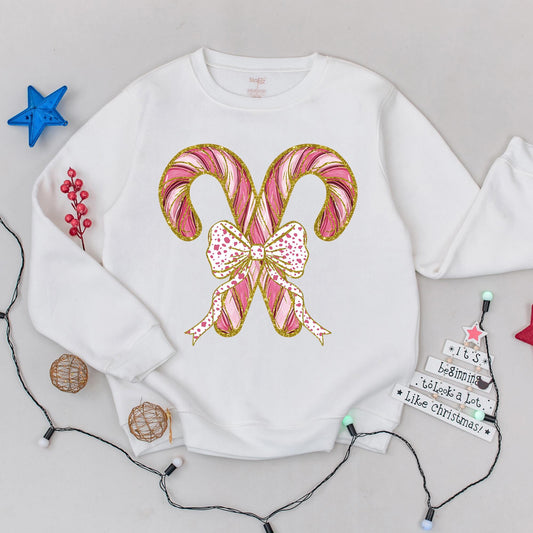 Festive Candy Cane Christmas Sweatshirt with Pink Bow Design, Holiday Party Crewneck Sweater, Cute Winter Gift