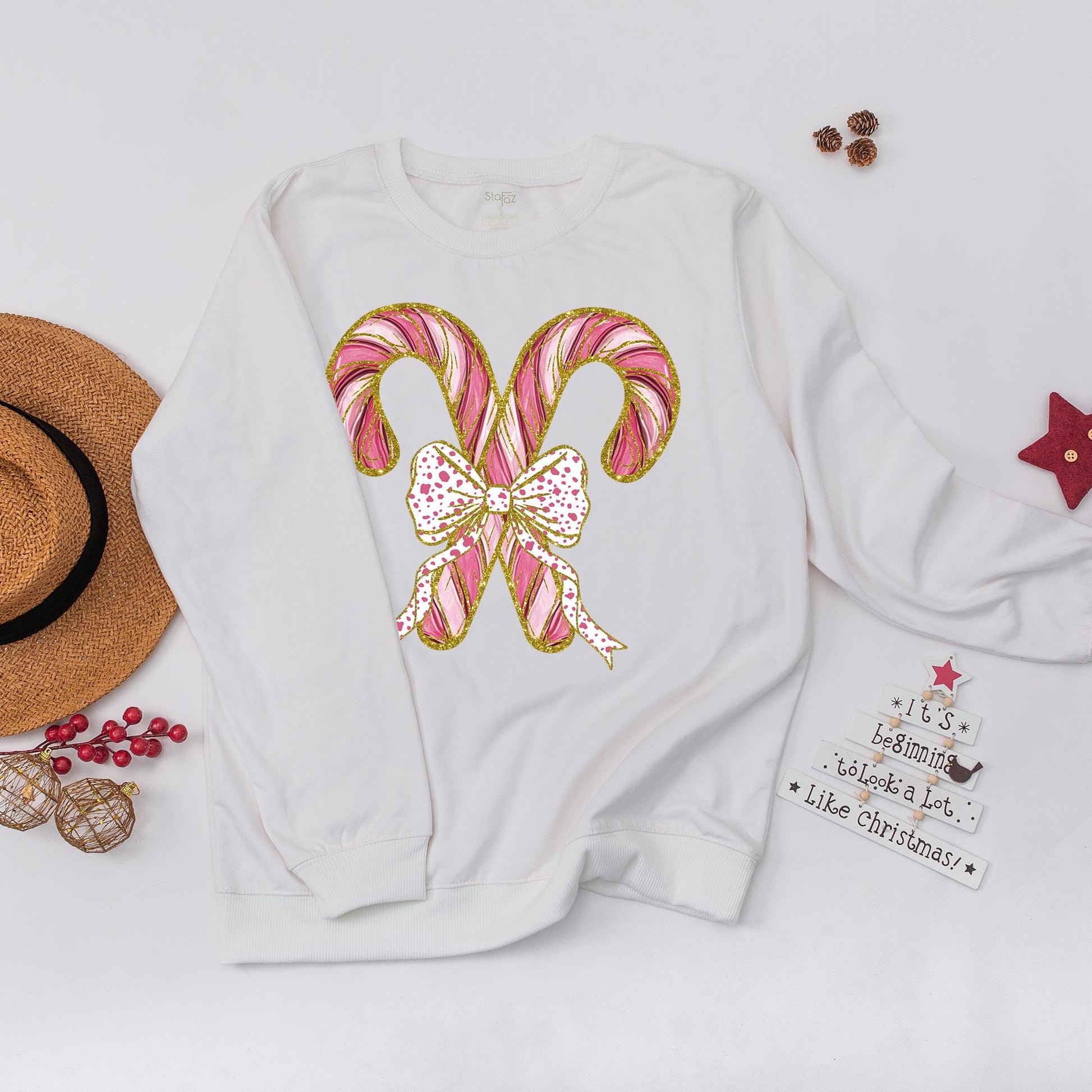 Festive Candy Cane Christmas Sweatshirt with Pink Bow Design, Holiday Party Crewneck Sweater, Cute Winter Gift