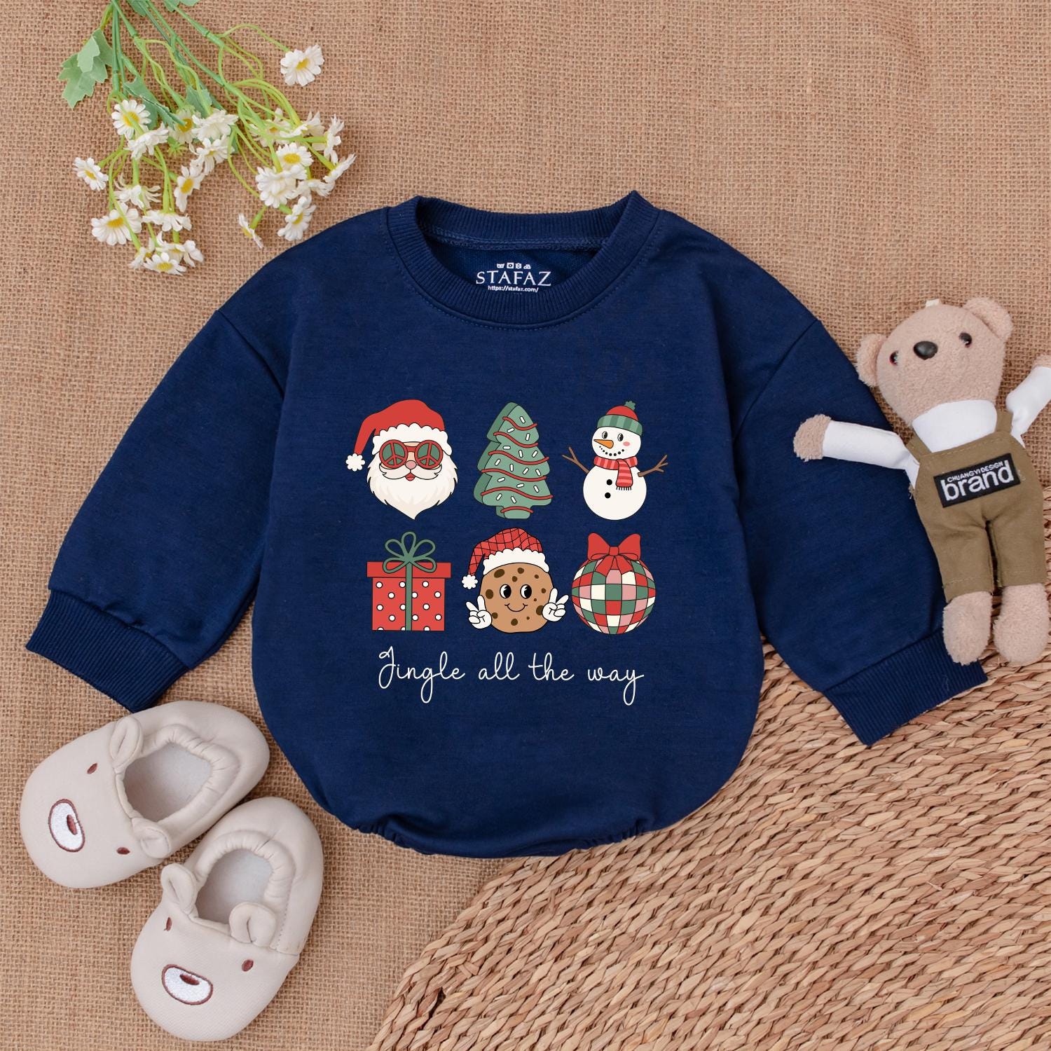 Jingle All The Way Playful Christmas Baby Romper with Retro Santa Cookie Tree Design First Xmas Infant Bodysuit Shower Gift