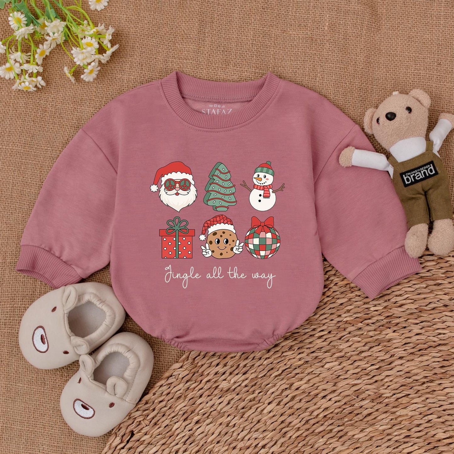 Jingle All The Way Playful Christmas Baby Romper with Retro Santa Cookie Tree Design First Xmas Infant Bodysuit Shower Gift