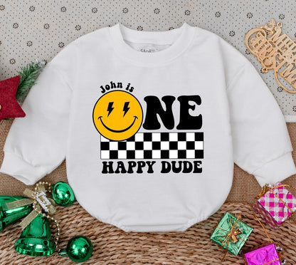 Personalized One Happy Dude Birthday Bodysuit, Smiley Face First Birthday Outfit, Custom Name Baby Boy Clothes, Retro Celebration Romper, Newborn Gift 138