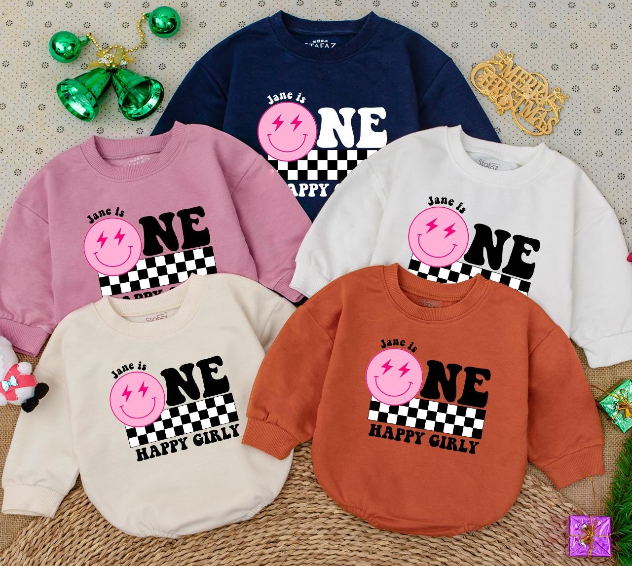 Jane is ONE Birthday Bodysuit, Happy Girly First Birthday Outfit, Smiley Face Baby Girl Romper, Modern Black and White Checkerboard Party Outfit