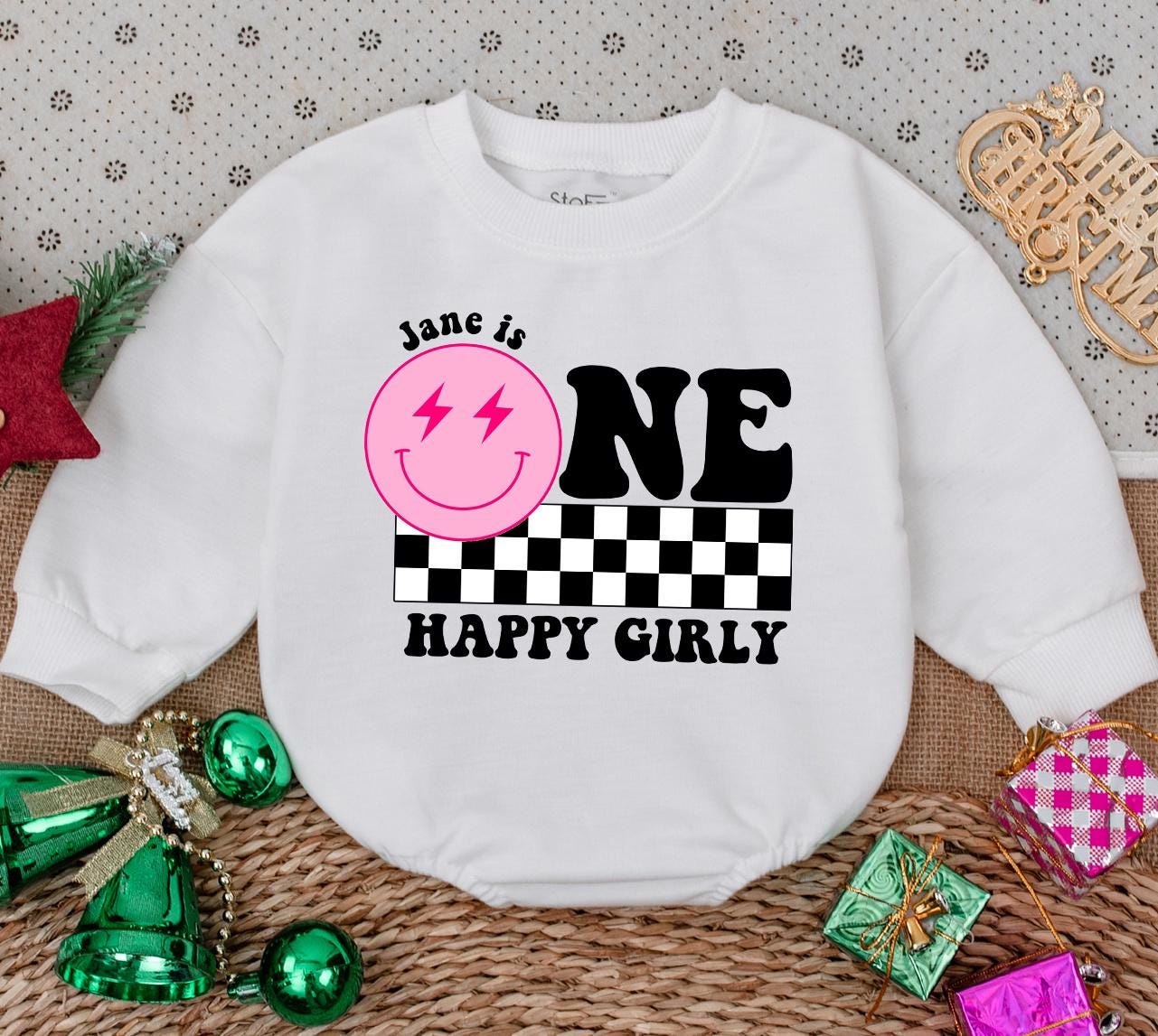 Jane is ONE Birthday Bodysuit, Happy Girly First Birthday Outfit, Smiley Face Baby Girl Romper, Modern Black and White Checkerboard Party Outfit