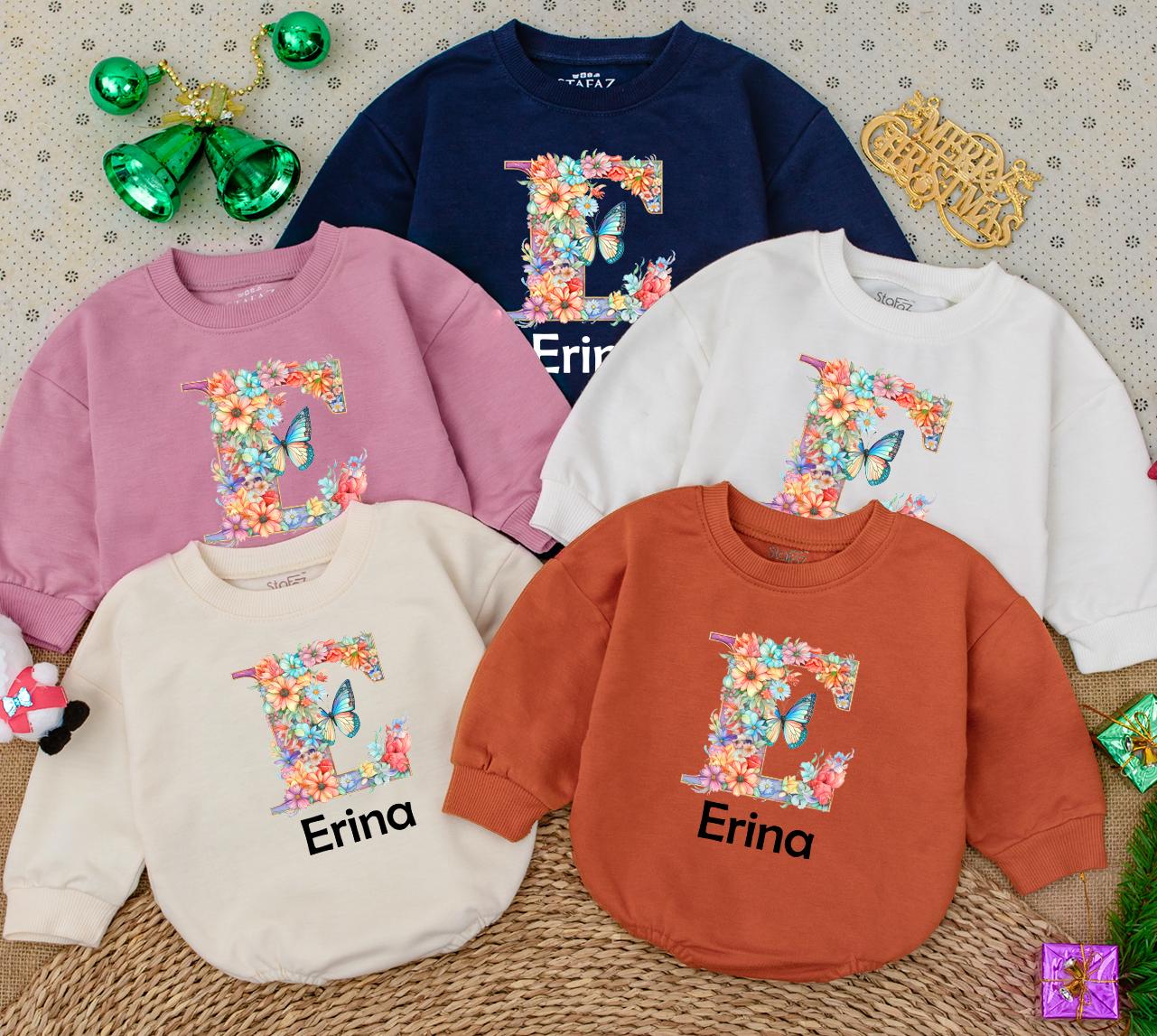 Personalized Baby Girl Romper Floral Letter E Erina Name Newborn Bodysuit Baby Shower Gift Whimsical Watercolor Flowers Butterfly Print First Birthday Outfit