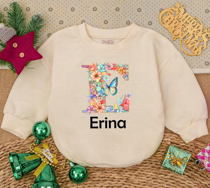 Personalized Baby Girl Romper Floral Letter E Erina Name Newborn Bodysuit Baby Shower Gift Whimsical Watercolor Flowers Butterfly Print First Birthday Outfit