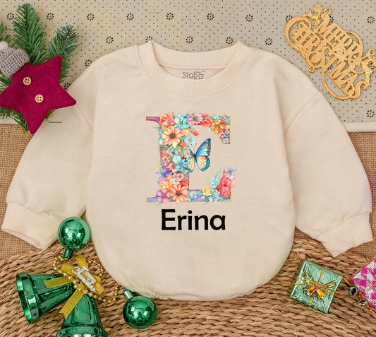 Personalized Baby Girl Romper Floral Letter E Erina Name Newborn Bodysuit Baby Shower Gift Whimsical Watercolor Flowers Butterfly Print First Birthday Outfit