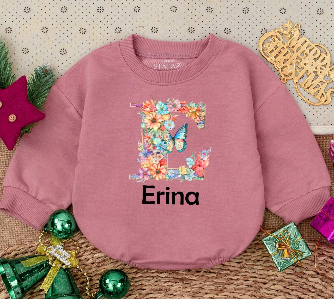 Personalized Baby Girl Romper Floral Letter E Erina Name Newborn Bodysuit Baby Shower Gift Whimsical Watercolor Flowers Butterfly Print First Birthday Outfit