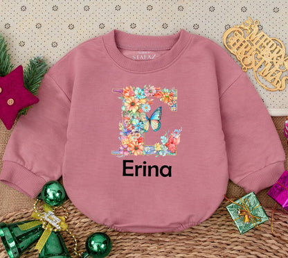 Personalized Baby Girl Romper Floral Letter E Erina Name Newborn Bodysuit Baby Shower Gift Whimsical Watercolor Flowers Butterfly Print First Birthday Outfit