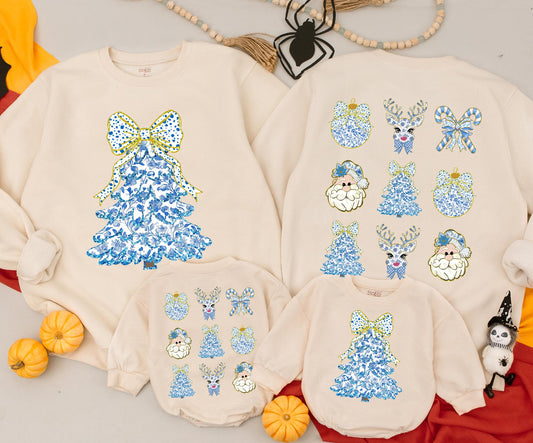 Vintage Christmas Tree Sweatshirt: Blue Floral Bow Festive Top, Baby Romper & Kids Outfit, Cute Xmas Newborn Clothes, Retro Holiday Style,Coquette Sweatshirt 