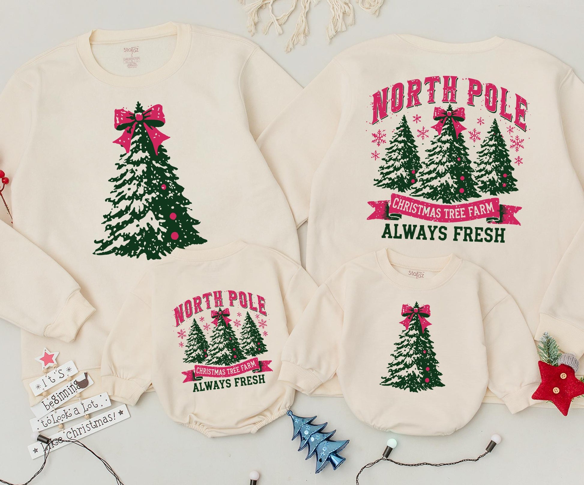 North Pole Christmas Tree Farm Sweatshirt Cozy Green Red Bow Festive Vintage Baby Toddler Gift