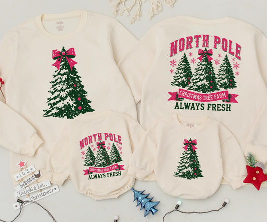 North Pole Christmas Tree Farm Sweatshirt Cozy Green Red Bow Festive Vintage Baby Toddler Gift