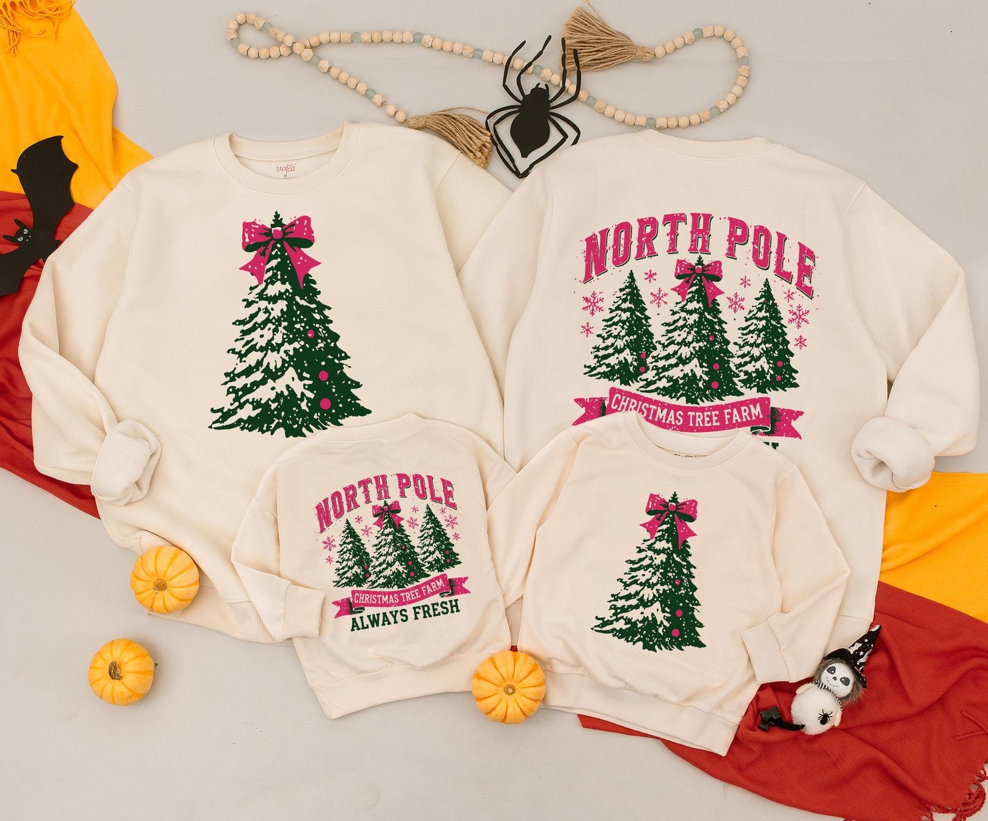 North Pole Christmas Tree Farm Sweatshirt Cozy Green Red Bow Festive Vintage Baby Toddler Gift