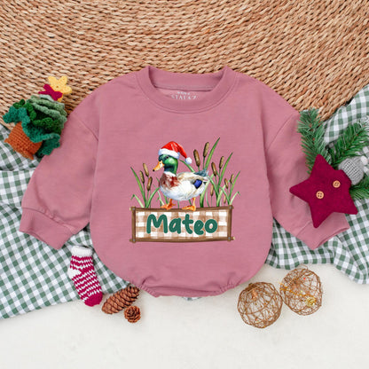 Personalized Christmas Mallard Duck Romper Baby Boy Outfit, Mateo Banner, Hunting Holiday Bodysuit, Christmas Baby Clothes Duck Lover Gift (139)