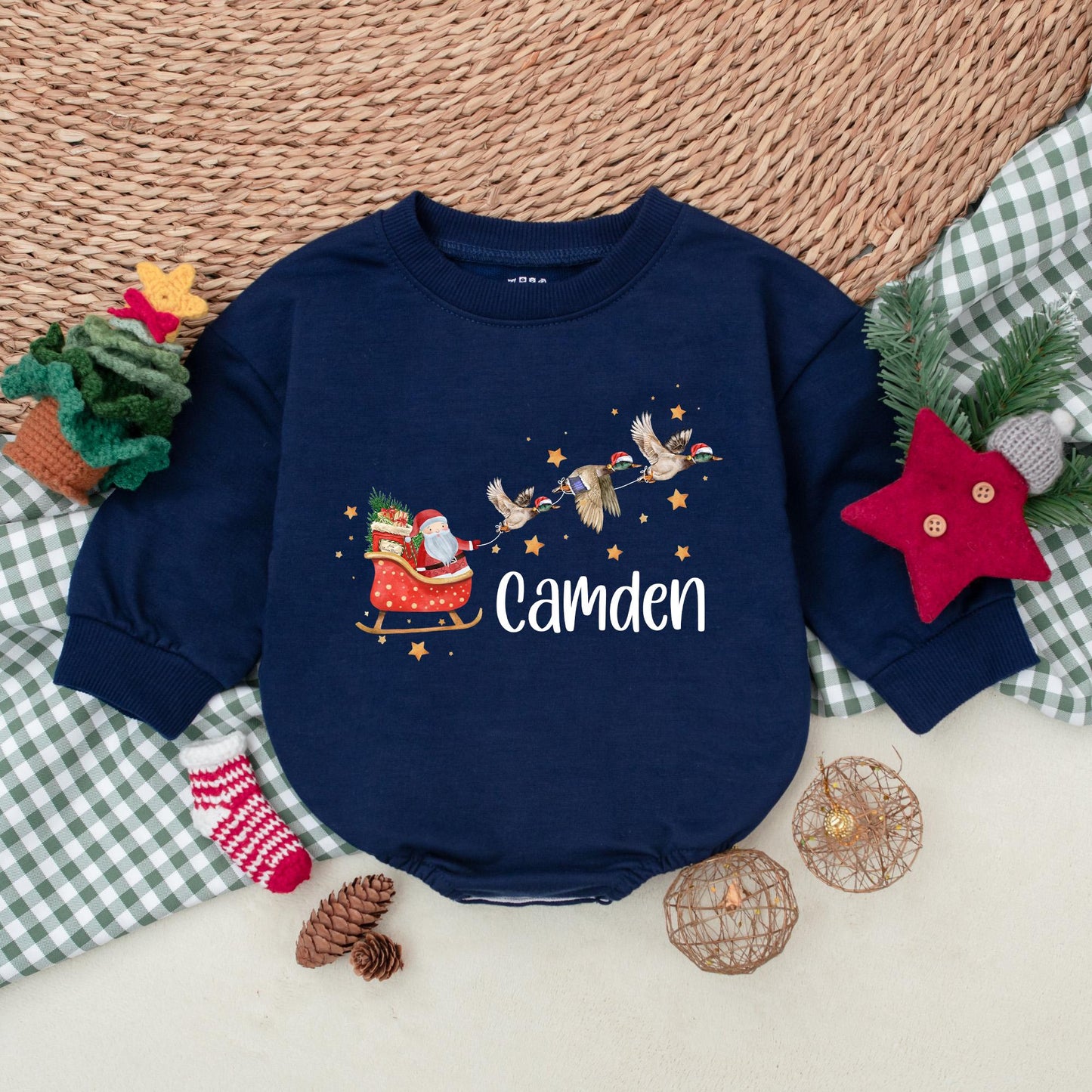 Christmas Sleigh Mallard Duck Romper, Santa Claus Baby Bodysuit, Personalized Camden Boys Outfit, Whimsical Holiday Winter Clothes Gift, Newborn 139