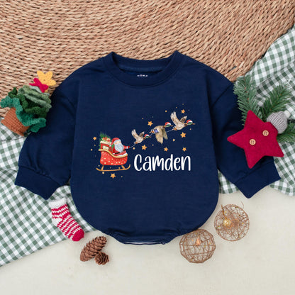 Christmas Sleigh Mallard Duck Romper, Santa Claus Baby Bodysuit, Personalized Camden Boys Outfit, Whimsical Holiday Winter Clothes Gift, Newborn 139