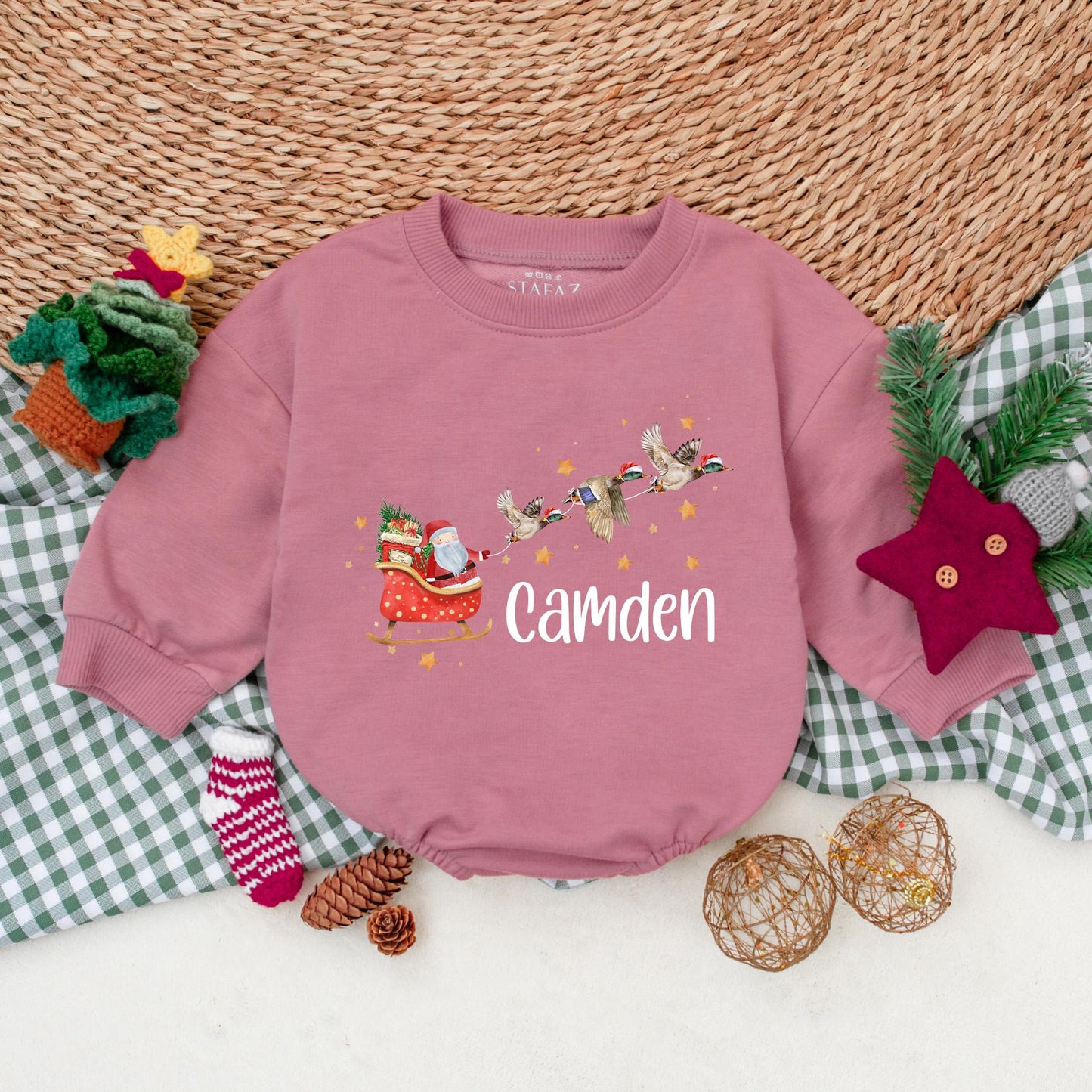 Christmas Sleigh Mallard Duck Romper, Santa Claus Baby Bodysuit, Personalized Camden Boys Outfit, Whimsical Holiday Winter Clothes Gift, Newborn 139