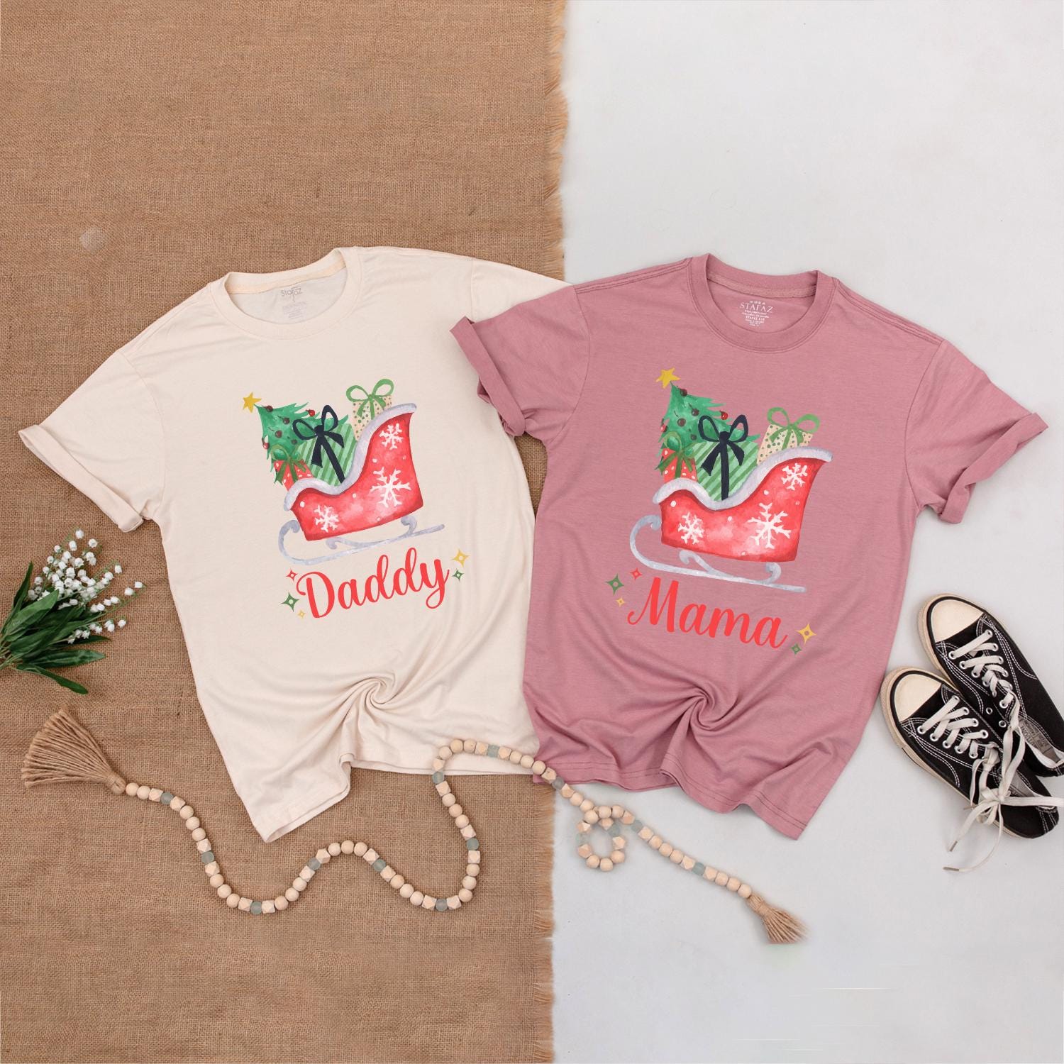 Whimsical Santa Sleigh Family Matching Shirts Mama Daddy Sister Mini Christmas Holiday Tees