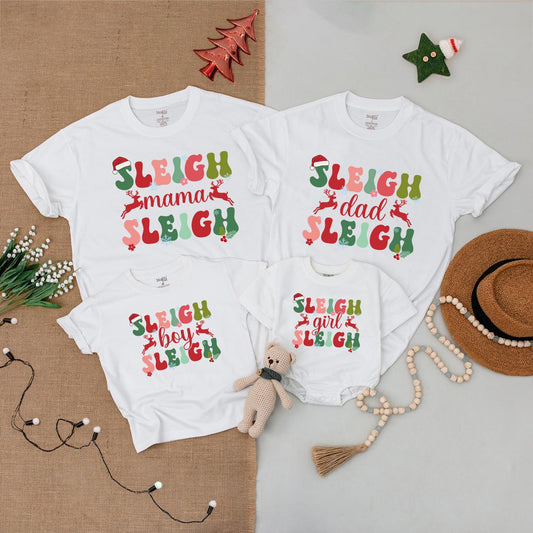 Sleigh Girl Sleigh Retro Christmas Tees Matching Family Shirts Vintage Holly Jolly Holiday Spirit Mama and Mini T-Shirts Festive Fun