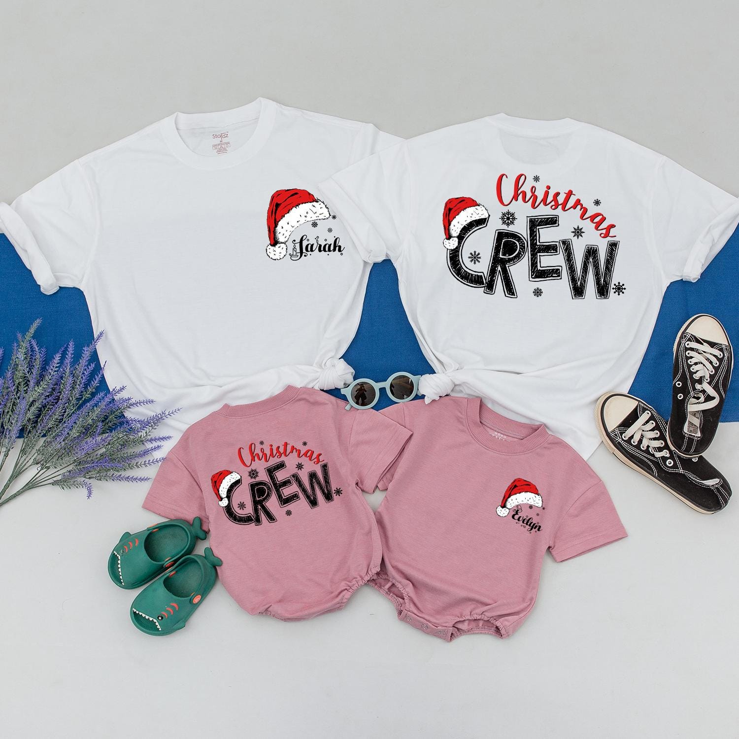 Personalized Christmas Crew Shirts Matching Family Santa Hat Outfits Custom Names Snowflake Detail Festive Xmas Gifts