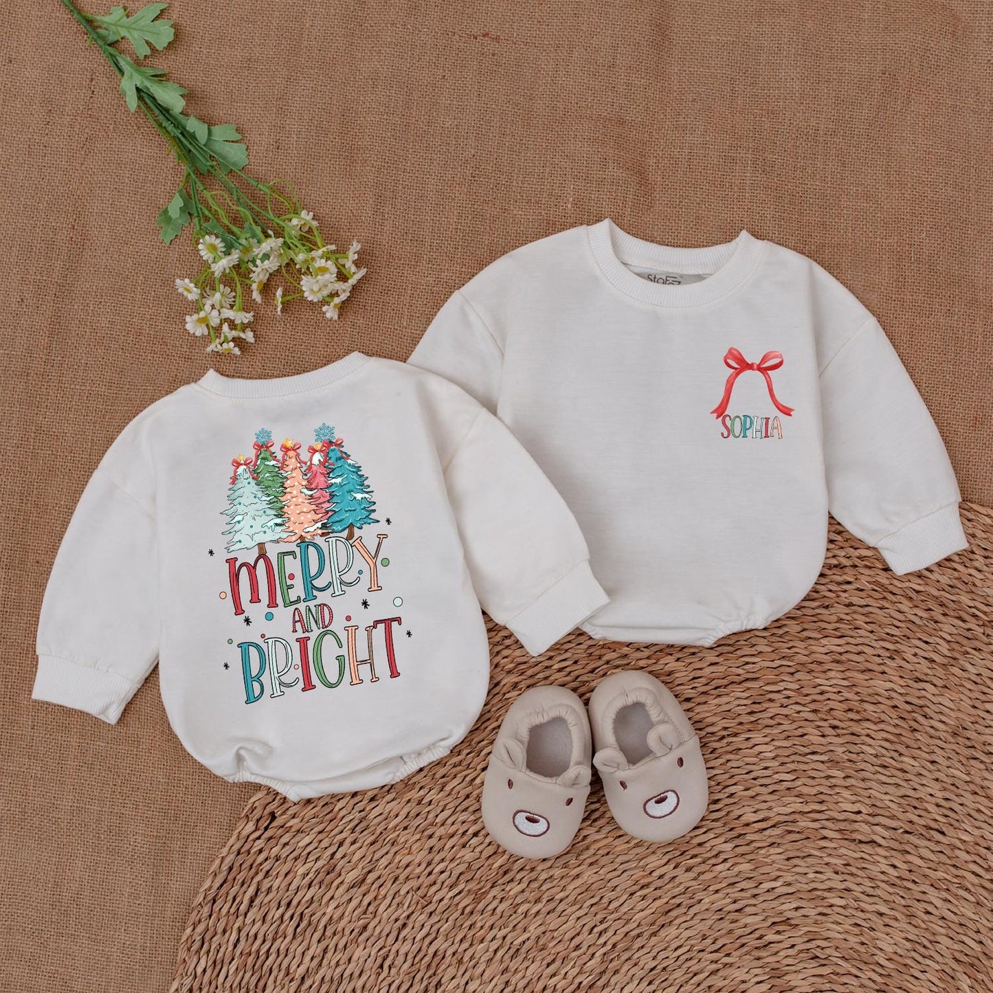 Retro Merry and Bright Romper Baby's 1st Christmas Outfit Holiday Bodysuit Cute Newborn Clothes Colorful Trees Festive Baby Shower Gift Trendy 135